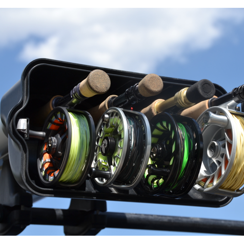 Close up of the open reel box of the river quiver fly rod roof rack. Shows how this rod carrier can hold up to four fully rigged fly rods
