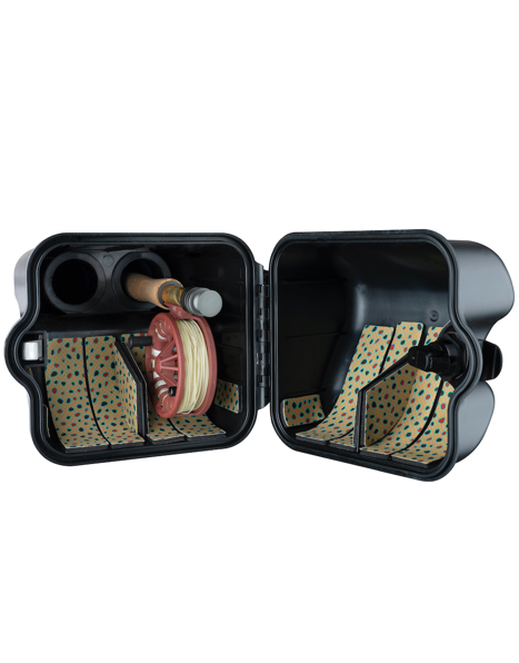 Brown trout printed pads inside reel box to provide cushioning for reels