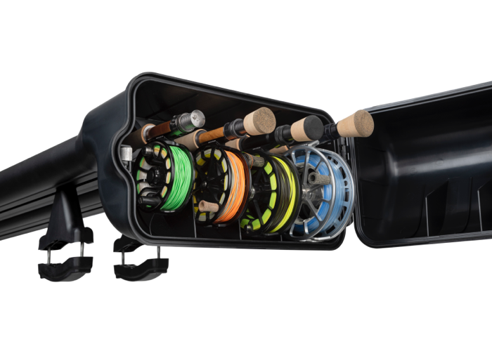 Close up of the open reel box of the river quiver fly rod truck rack. There are 4 fly fishing reels of varying sizes inside with varying colors of line. The metal of this river quiver is black.