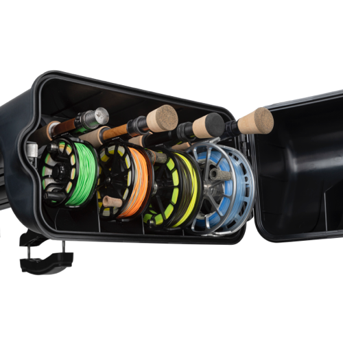 Close up of the open reel box of the river quiver fly rod truck rack. There are 4 fly fishing reels of varying sizes inside with varying colors of line. The metal of this river quiver is black.