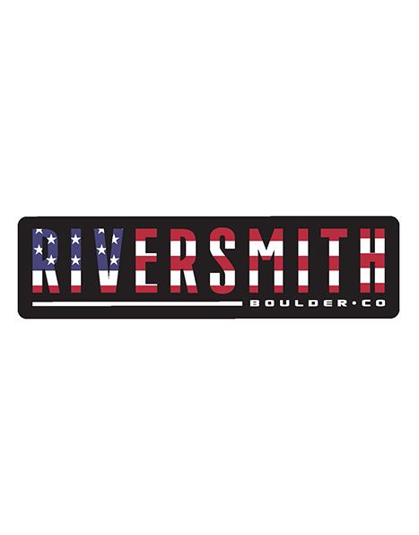 Sticker says Riversmith in large text and Boulder CO in smaller text. Background is black and wide text in red, white, and blue colors from the American flag.