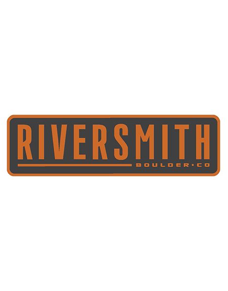 Sticker says Riversmith in large text and Boulder CO in smaller text. Orange text over a dark grey background surrounded by a matching orange band.