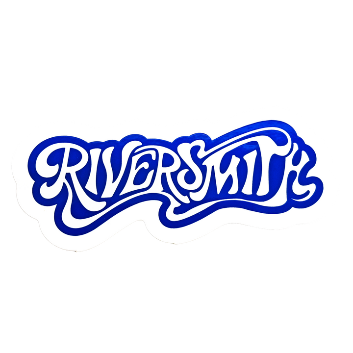 Riversmith sticker in swirling retro blue and white script lettering.