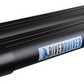 Close up of the river quiver logo on the side of the black metal of the 4-banger river quiver’s rod casing. The logo says “river” in black text and “quiver” in blue text with a matching blue image of fishing bait hitting the water. The background is white. 