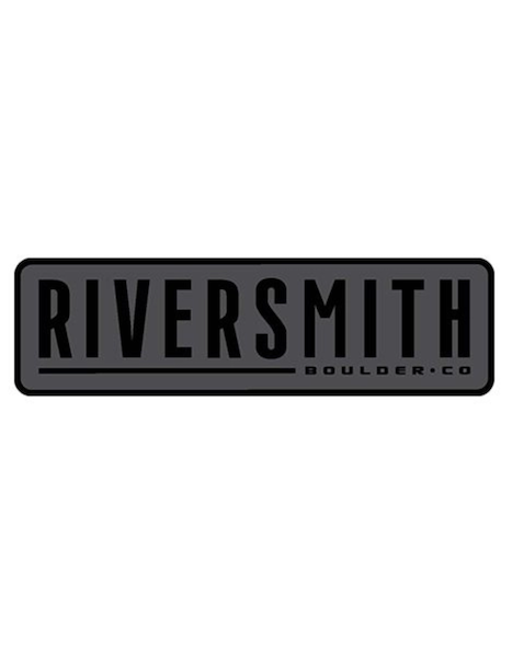 Sticker says Riversmith in large text and Boulder CO in smaller text. Black text over a grey background surrounded by a matching black band.