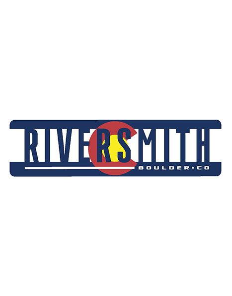 Sticker says Riversmith in large text and Boulder CO in smaller text. The text is dark blue. Behind the text is mostly white with the yellow circle surrounded by red "C" from the Colorado state flag. 