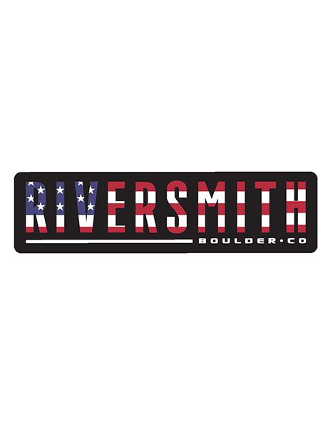 Sticker says Riversmith in large text and Boulder CO in smaller text. Background is black and wide text in red, white, and blue colors from the American flag.