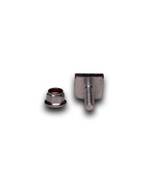 Metal nut and screw with large flat back. This makes it shaped like a "T".